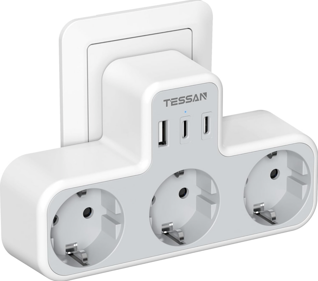 6-in-1 Wall Socket Adapter – Multi Plug with 2 USB-C & 1 USB-A Ports and Overload Protection